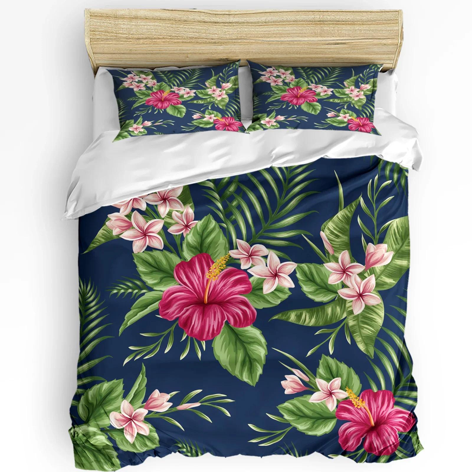 Flower Leaves Feather Hibiscus 3pcs Bedding Set For Bedroom Double Bed Home Textile Duvet Cover Quilt Cover Pillowca